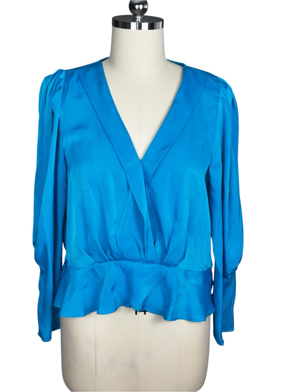 New With Tags (NWT) DKNY Size XL Aqua Blue Satin Surplice Peplum Blouse